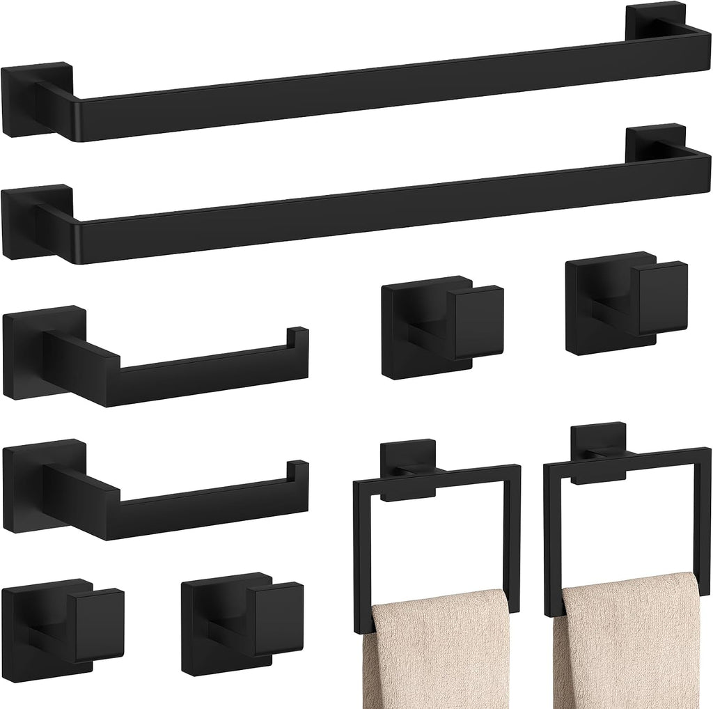10-Pieces Matte Black Bathroom Accessories Set 23.6 Inch Towel Bar Set.
