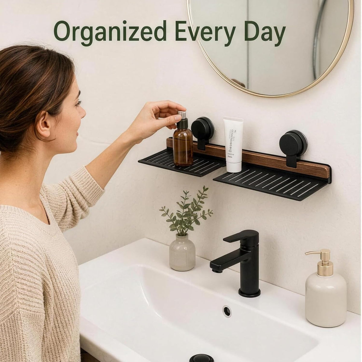 Suction Mount Over Sink Bathroom Shelf Wood Metal Storage Tray