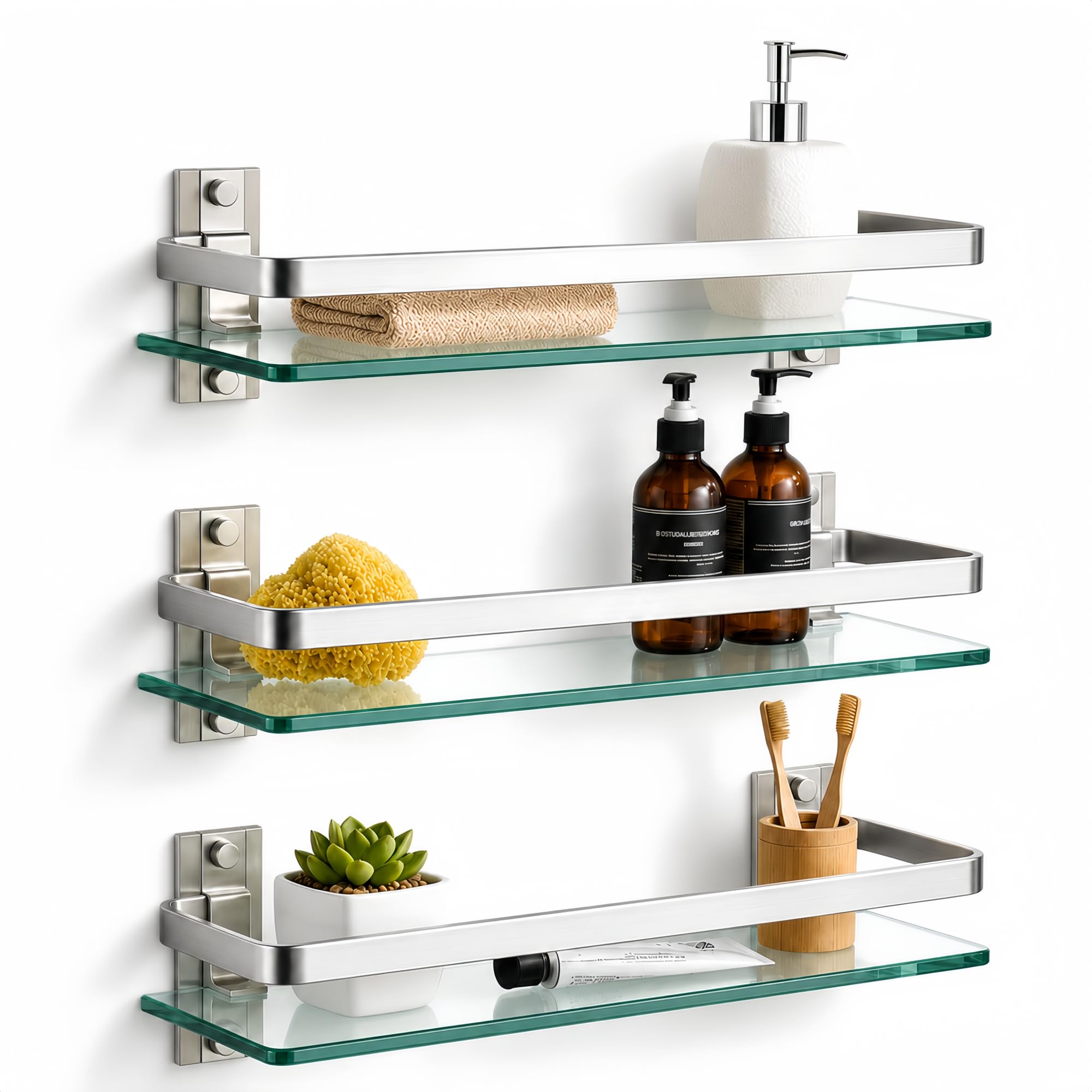 Bathroom Glass Shelf 15.7" Black Wall-Mounted, Floating Metal Storage Rack