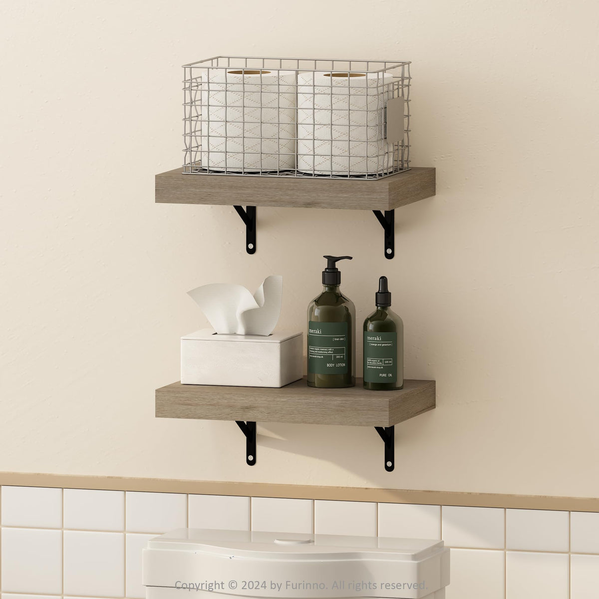 Furinno Tanna Floating Shelves for Wall Set of 2, 15-Inch Bathroom Wall Shelf, Wall Mounted Shelf, for Bathroom Organizers and Storage, Living Room, White Texture