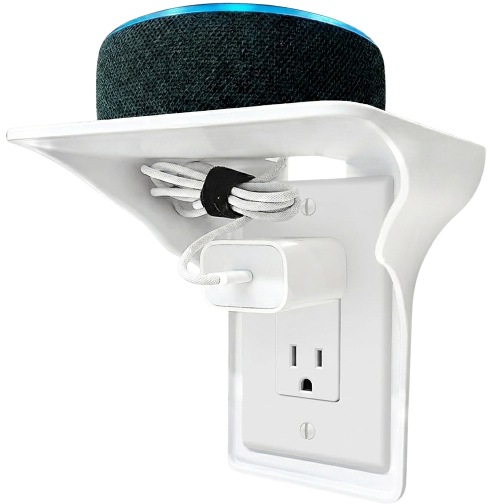 Power Perch Outlet Shelf with Cord Storage Strap, Plug Shelf White 2-Pack