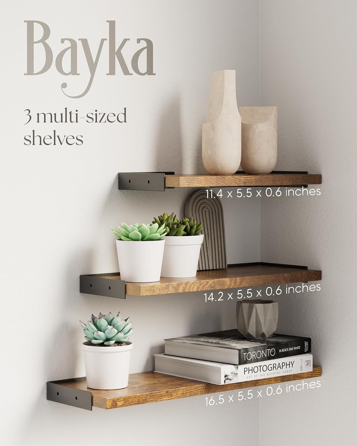 Bayka Wall Shelves for Bedroom Decor, Floating Wall Shelves for Living Room Kitchen Storage, Wall Mounted Rustic Wood Shelves for Kids Books, Small Shelf for Bathroom(Rustic Brown，Set of 3)