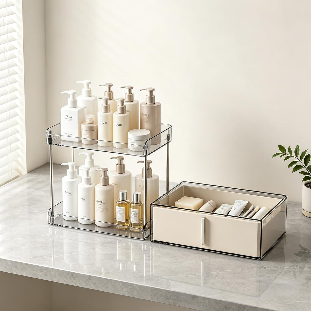Pajiriona Makeup Organizer,Skincare Organizer for Vanity,2-Tier Large Capacity Cosmetic Storage Box for bathroom organizers and storage,Clear Cosmetic Display Case for Bedroom Countertop.