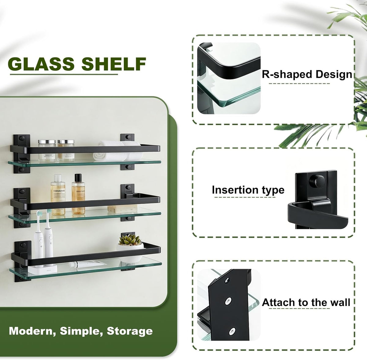 Bathroom Glass Shelf 15.7" Black Wall-Mounted, Floating Metal Storage Rack