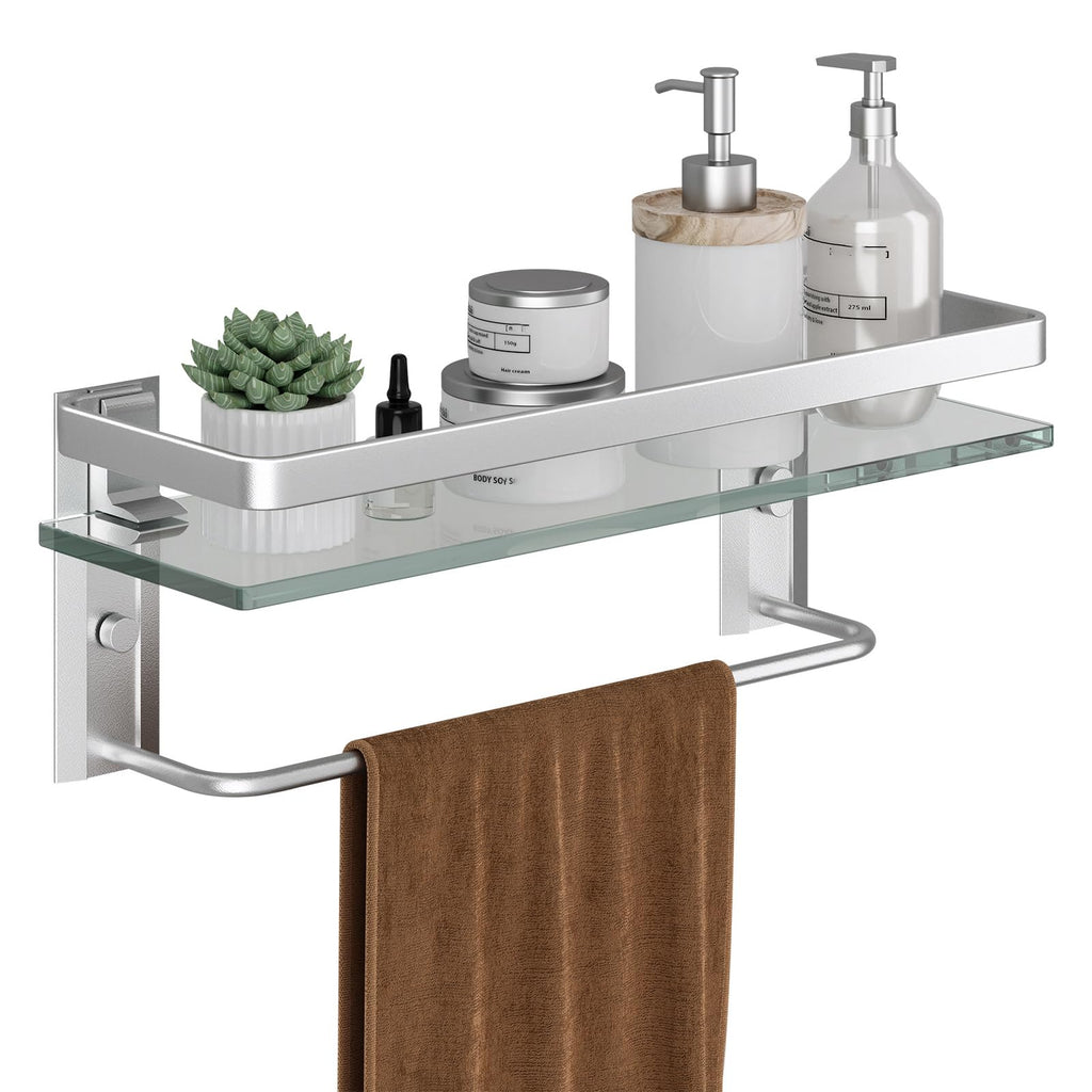 Danpoo Clear Tempered Glass Wall Shelf, Wall-Mounted Organizer for Bathroom, Kitchen(Matte Silver)