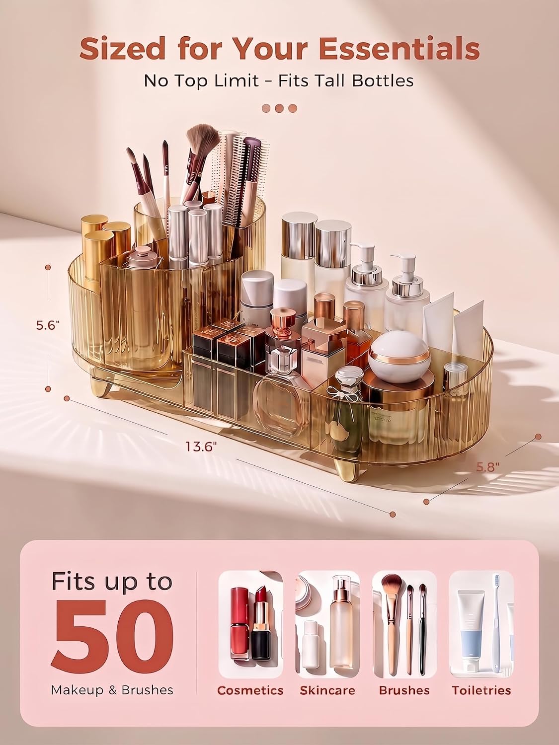 Booklov Rotating Makeup Organizer for Vanity Countertop, Amber