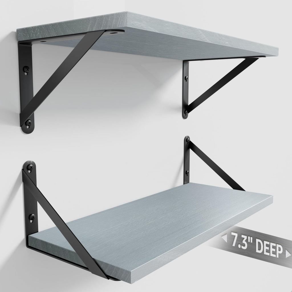 COCOYA Wall Shelves 7.3" Deep Solid Paulownia Wood (Black, Set of 2)