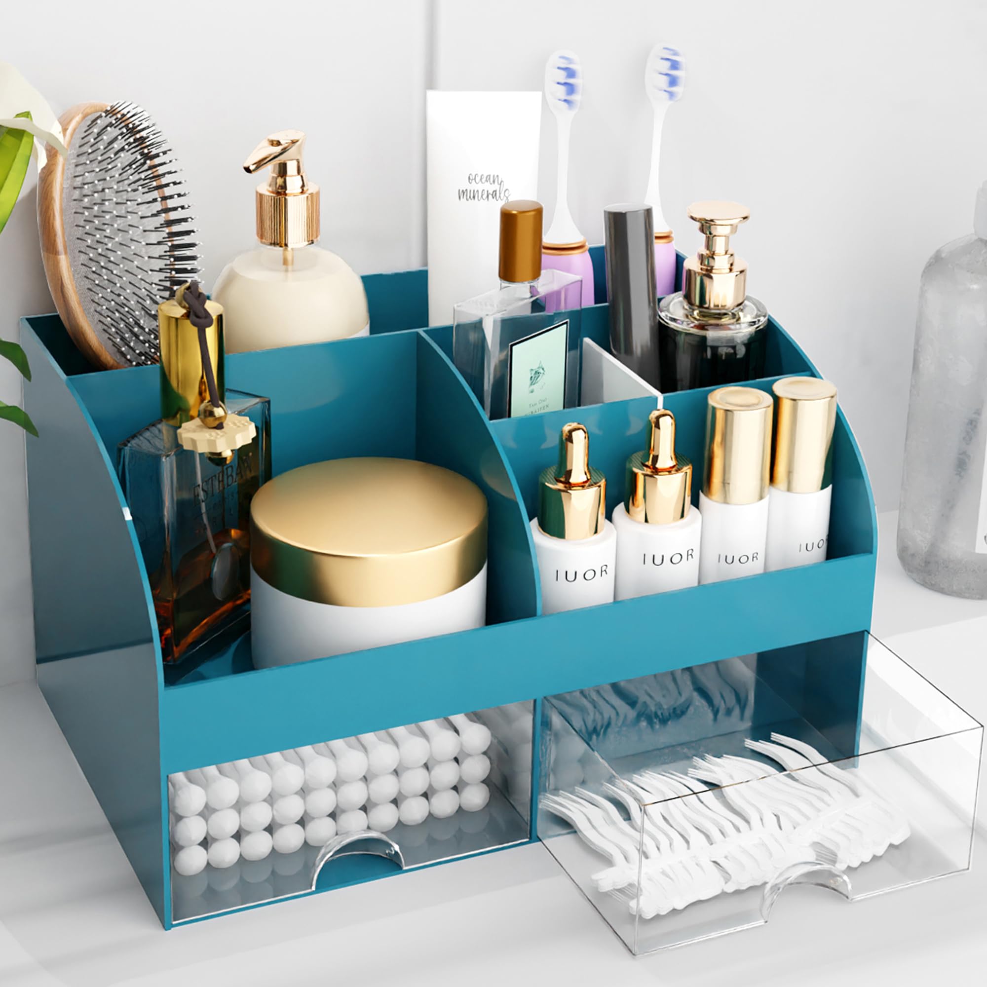 Makeup Organizer with Drawers, Cosmetic Storage for Dresser Vanity and Bathroom Countertop, Beauty Holder for Lipstick Brush, Skincare Organizer for Vanity, Cosmetic Display Case (Black-2Pack)