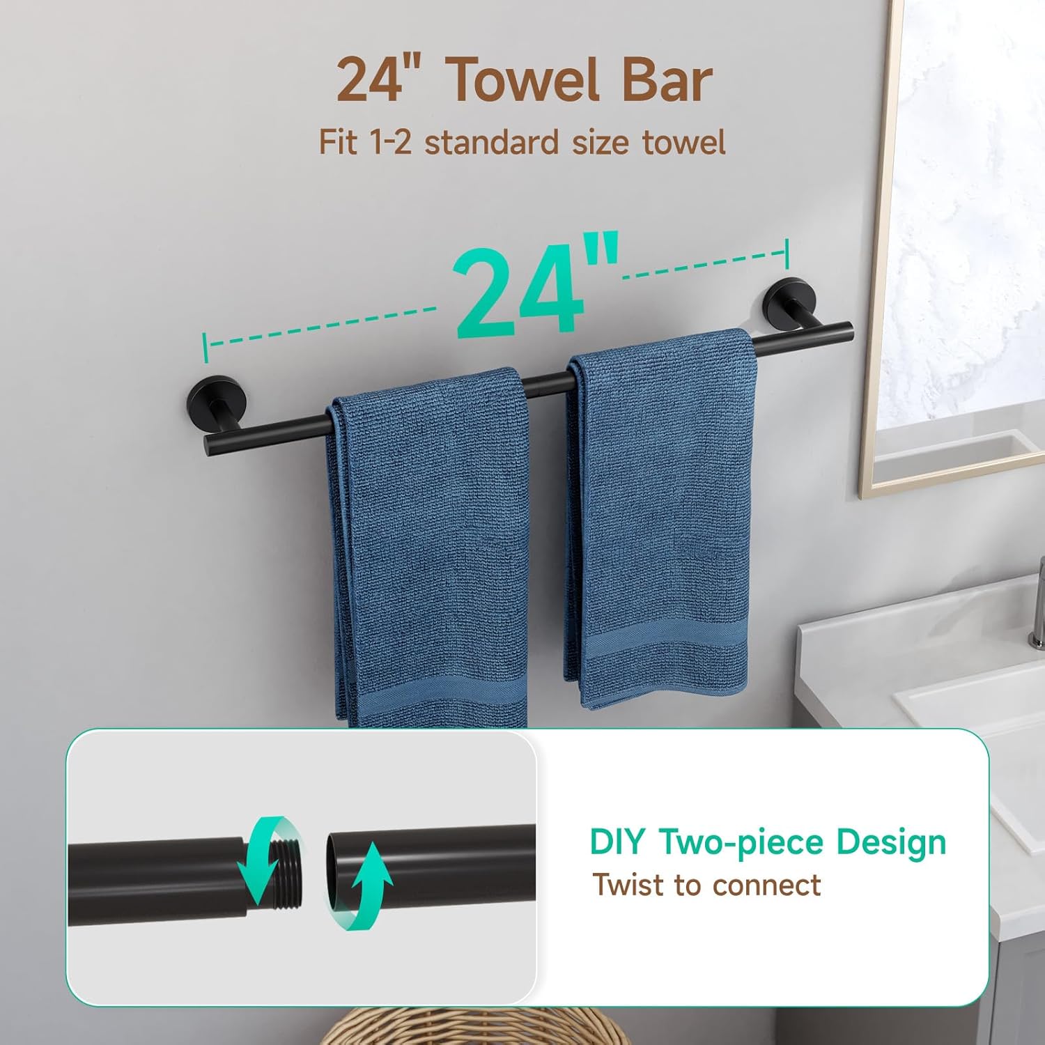 USHOWER 4PCS Matte Black Bathroom Accessories Set, 24-Inch Towel Bar Set