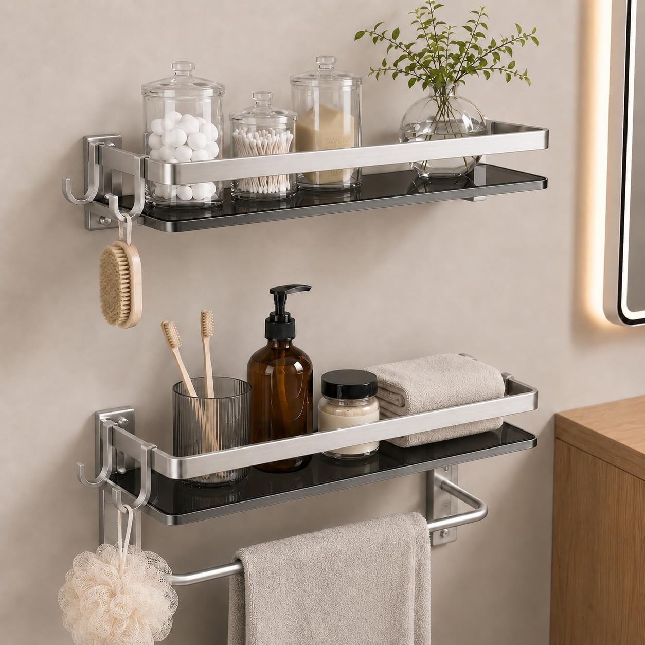 VOLPONE Glass Shelf for Bathroom 15.7 in Black Bathroom Shelves Wall Mounted Tempered Glass Shelving with 4 Removable Hooks (2 Tier)