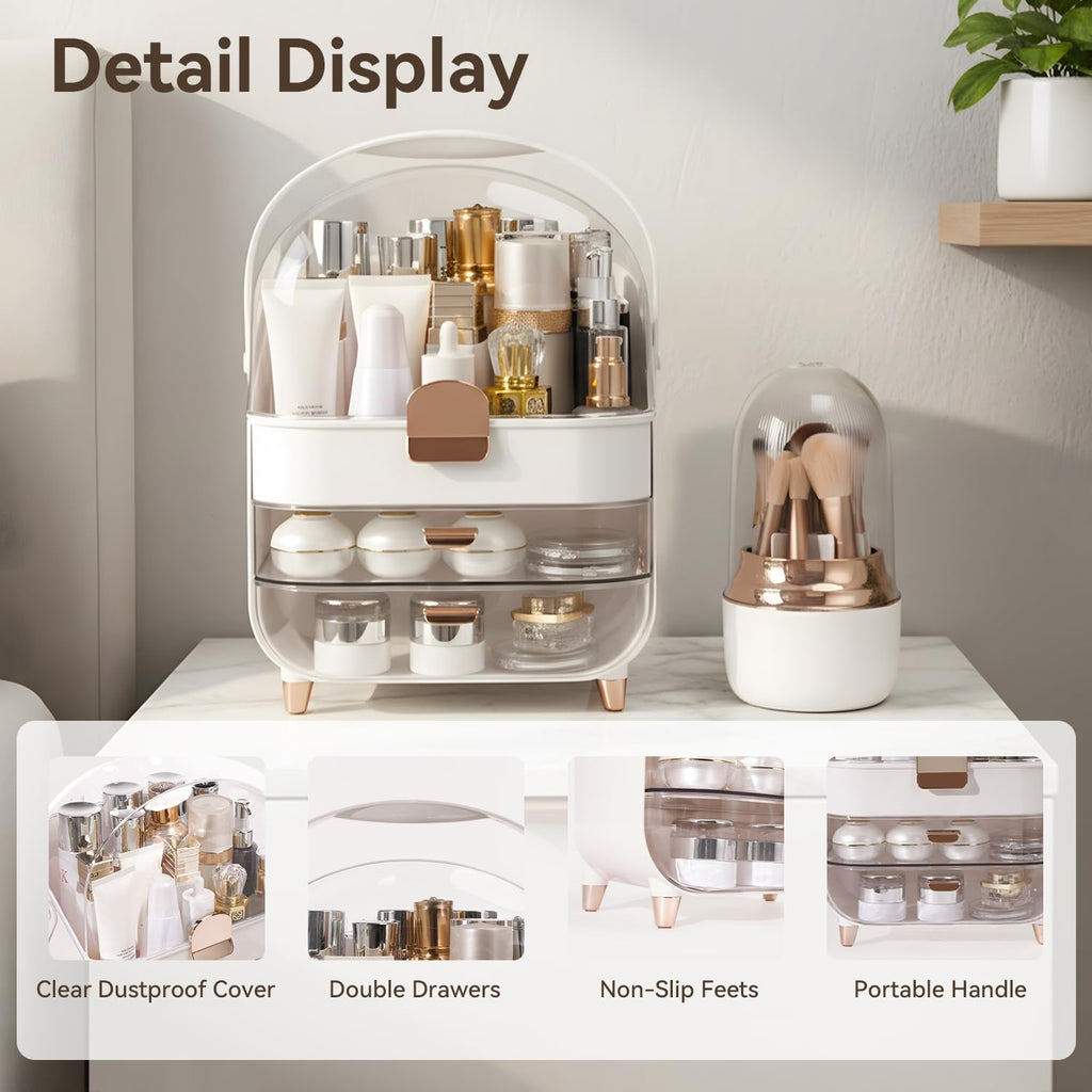 Makeup Organizer for Vanity with Brush Holder, Lid and 2 Drawers, Rose Gold