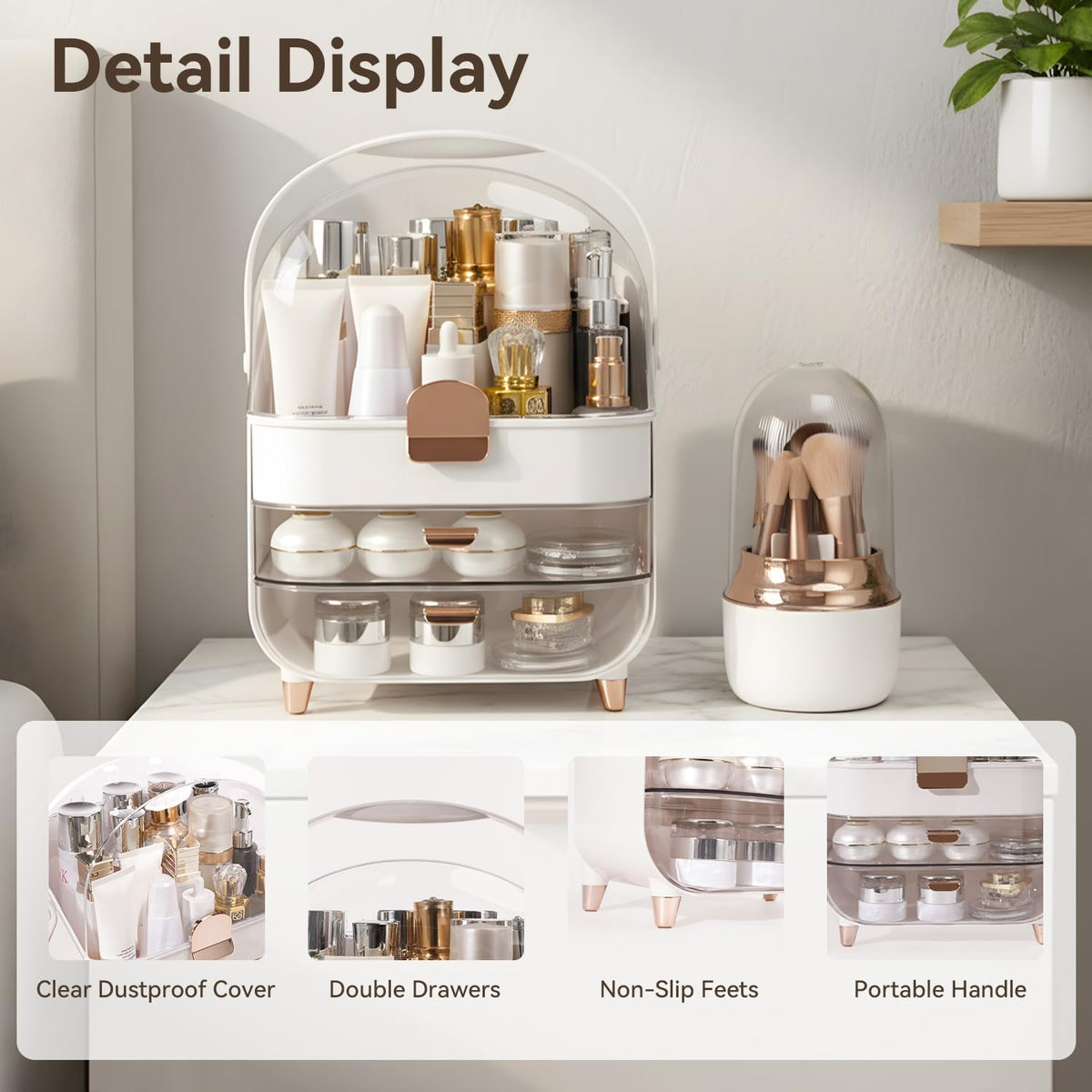 Makeup Organizer for Vanity with Brush Holder, Lid and 2 Drawers, Rose Gold