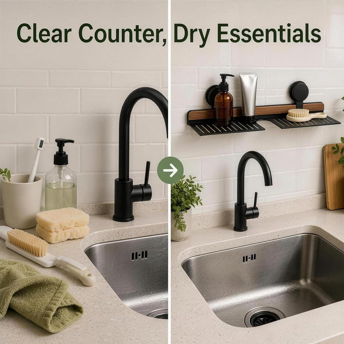 Suction Mount Over Sink Bathroom Shelf Wood Metal Storage Tray