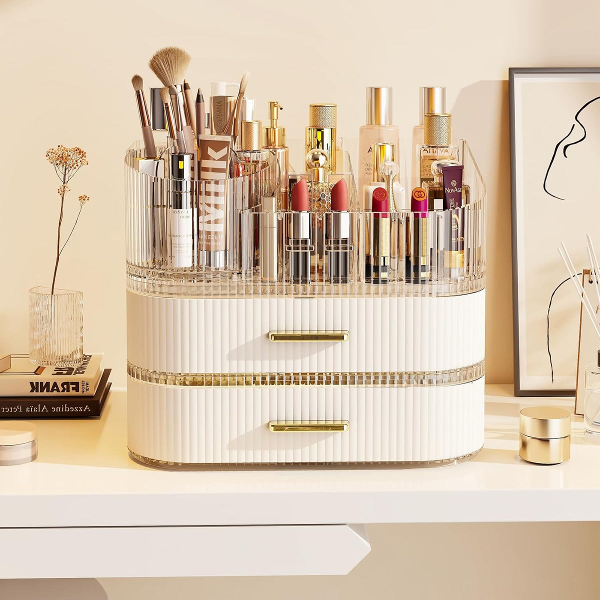 Makeup Organizer with 360 Rotating Brush Holder and Stackable Drawers, Cosmetic Display Case for Vanity, Bathroom Countertop (White, 3 Layer)