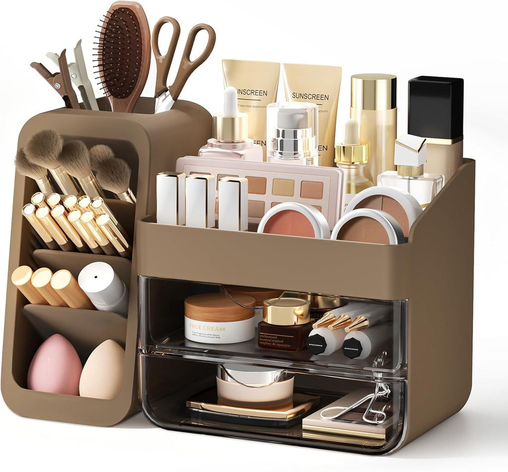 Countertop Makeup Skincare Organizer with Adjustable Brush Holder, Taupe
