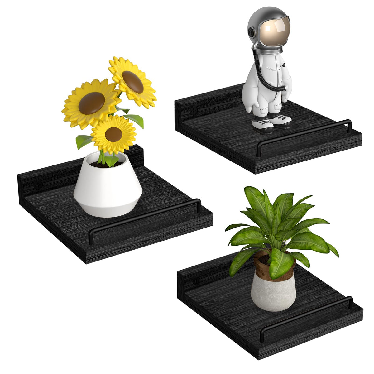 RYOFOBETTO Floating Shelves for Wall Decor Bathroom Shelves Over Toilet, Farmhouse Wall Shelves for Living Room, Bedroom, Picture Frames, Plants, Kitchen (Black, Set of 3)
