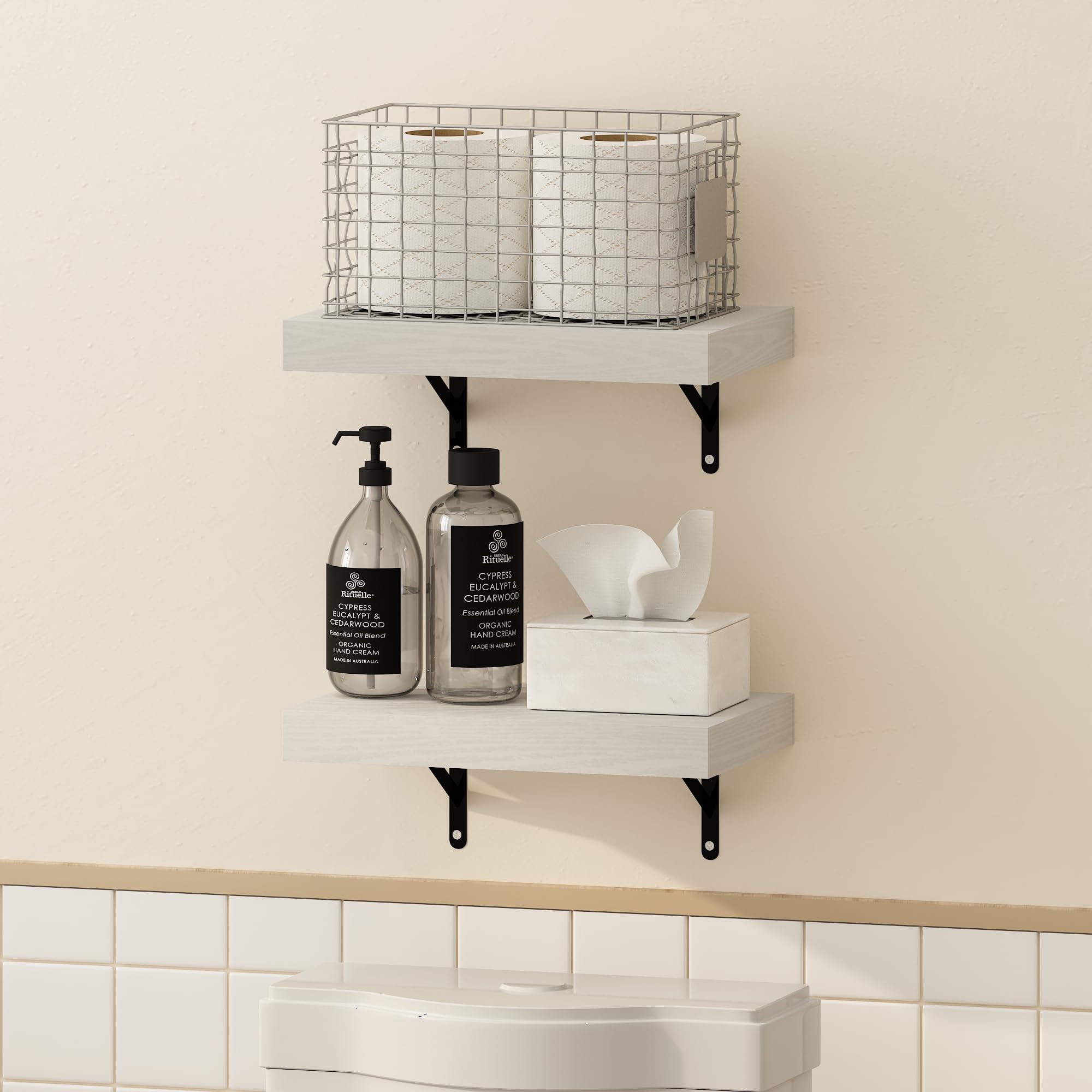 Furinno Tanna Floating Shelves for Wall Set of 2, 15-Inch Bathroom Wall Shelf, Wall Mounted Shelf, for Bathroom Organizers and Storage, Living Room, White Texture