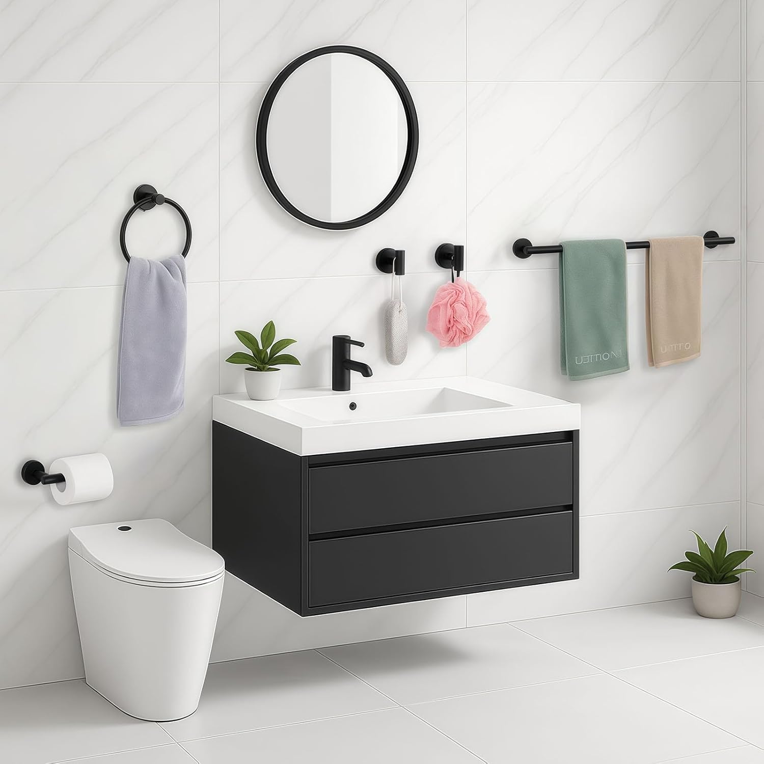 5-Piece Matte Black Bathroom Hardware Set, Towel Racks Set for Bathroom SUS304 Stainless Steel Toilet Paper Holder Wall Mounted, 24 Inch Modern Bathroom Accessories Kit