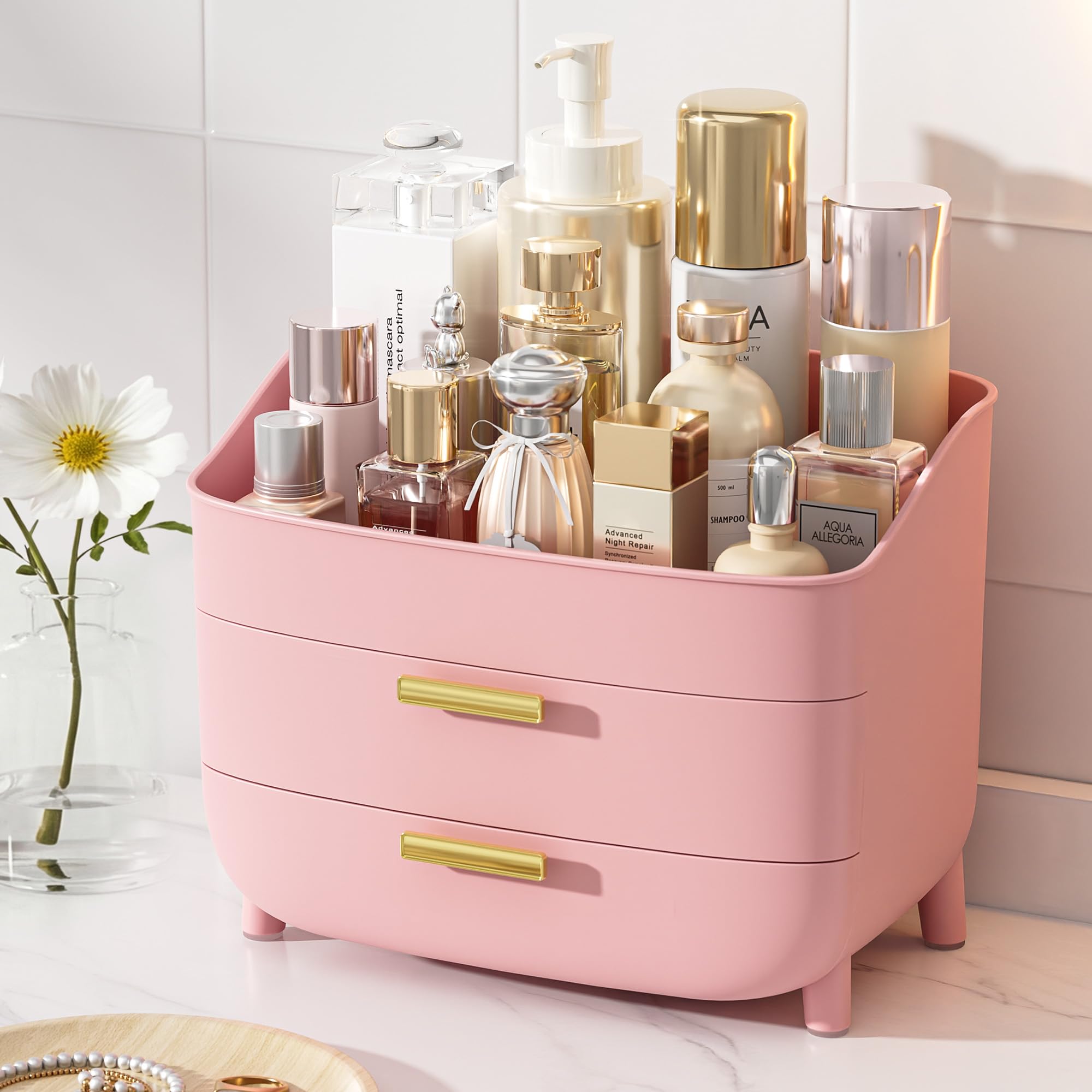 Vtopmart 3-Tier Skincare Makeup Organizer with Drawer and LId, White