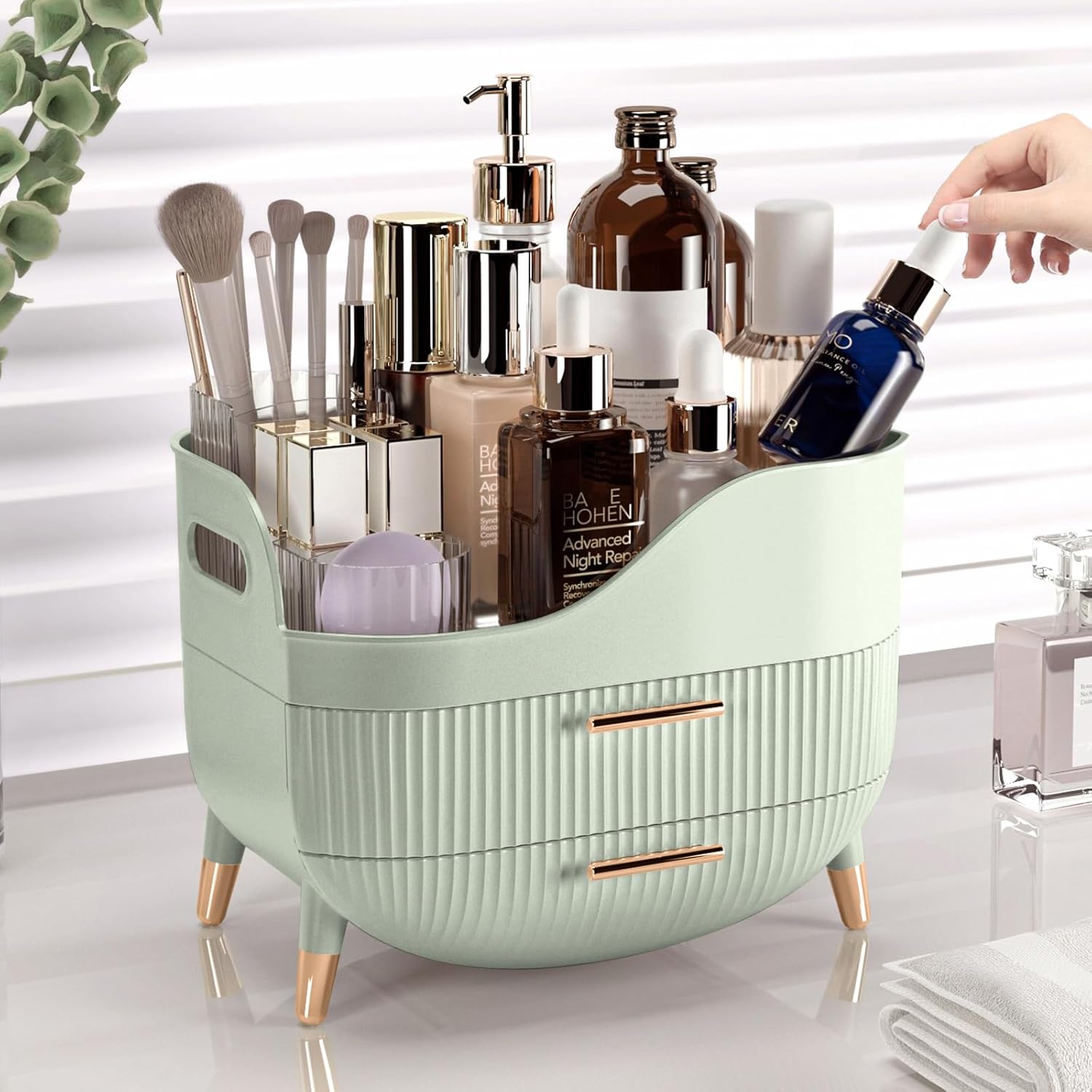 Pajiriona Makeup Organizer with Drawers, Green Skincare Organizer for Vanity, Storage Box with Handle, Large Cosmetic Display Case for Dresser, Bathroom Countertop
