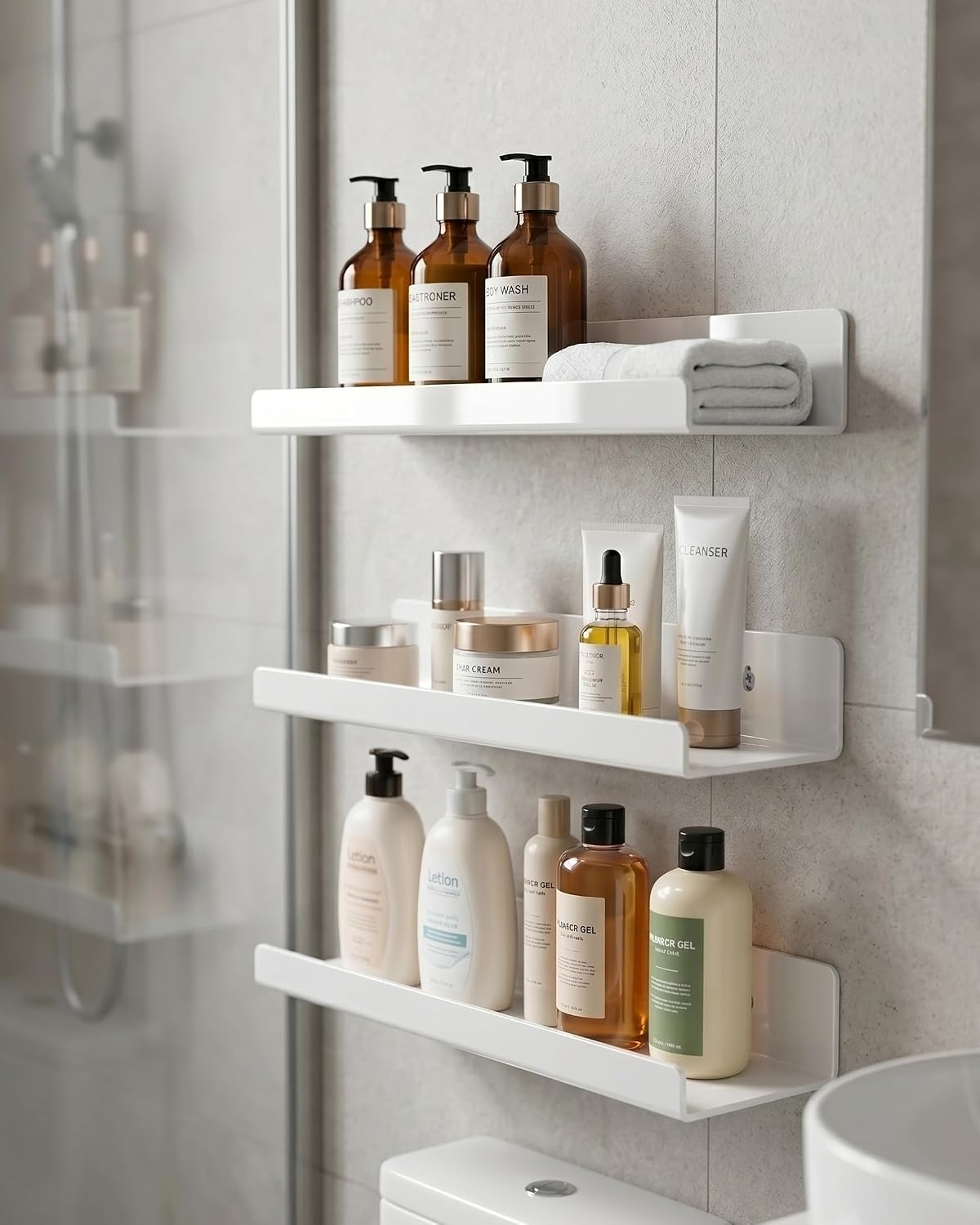 White Acrylic Bathroom Shelf Wall Mounted Floating Organizer with Front Lip