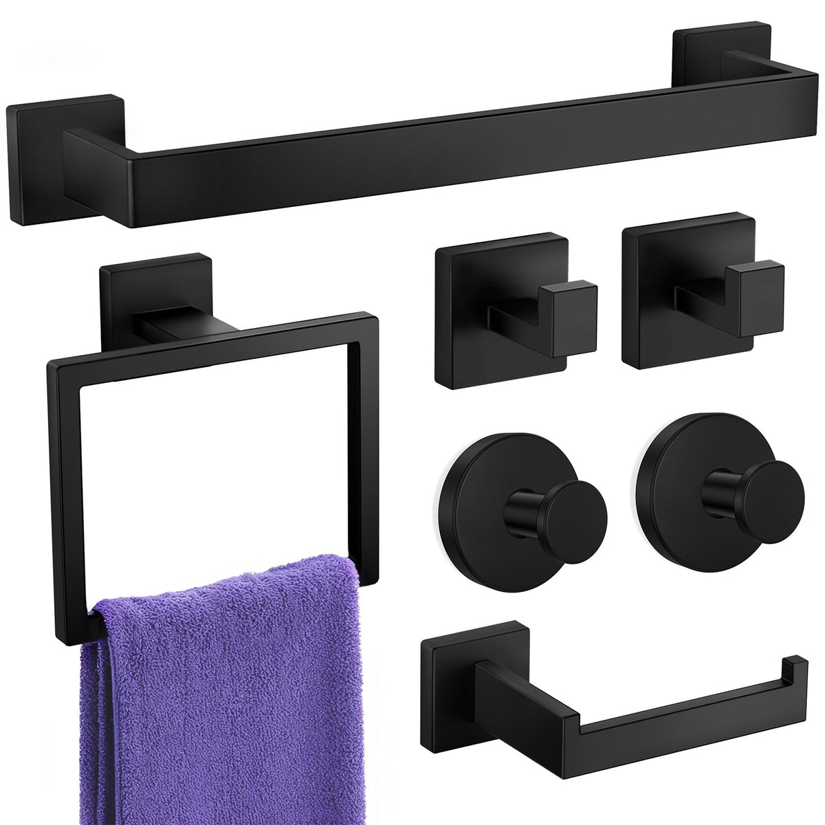 Bathroom Hardware Accessories Set: Bath Towel Bar Set, Towel Racks for Bathroom Wall Mounted, SUS304 Stainless Steel (Matte Black, 12-Pieces)