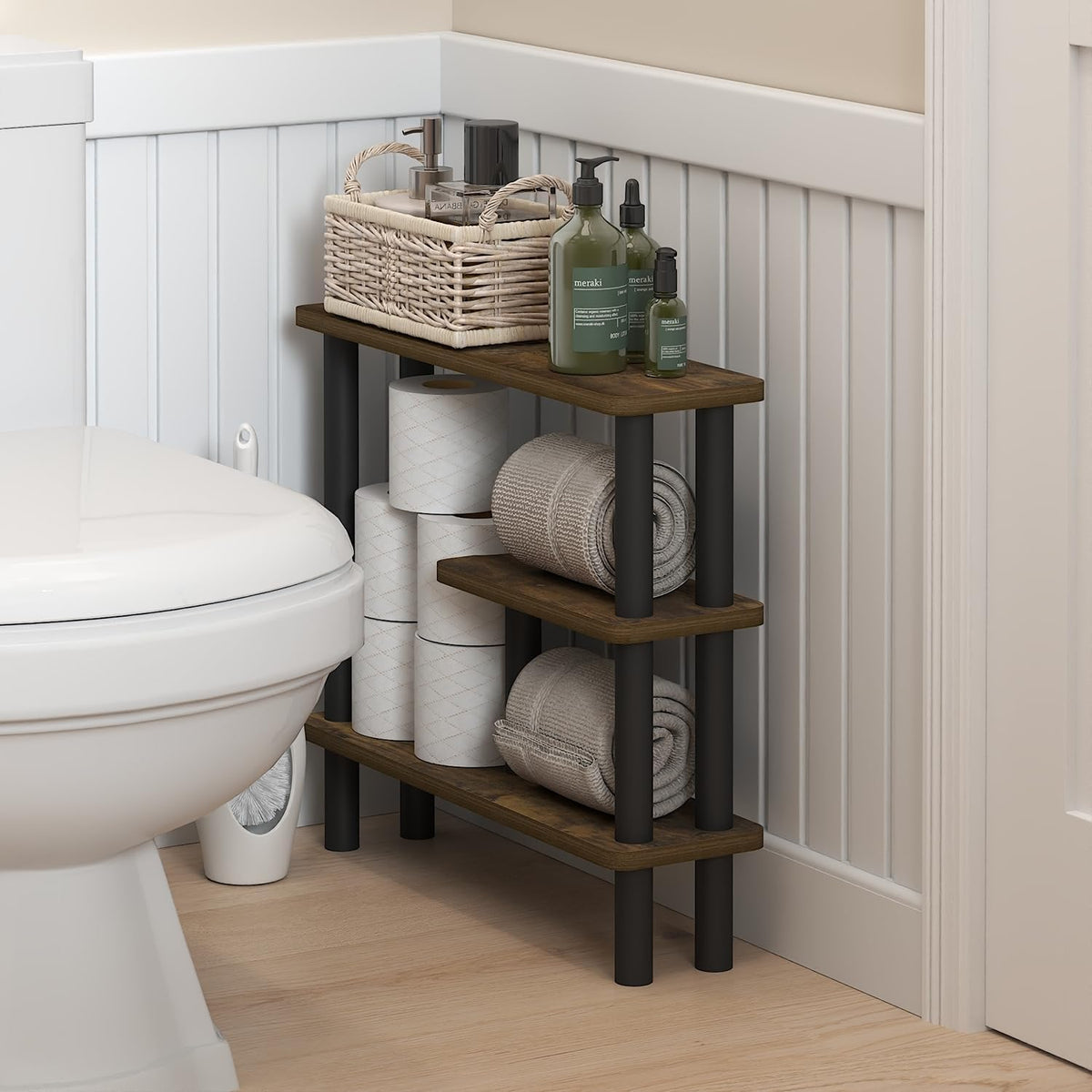 Furinno Turn-N-Tube Bathroom Storage Shelf, 3-Tier Toolless Narrow Storage Rack, 5.7" Wide Space Saving Shelf, for Bathroom, Living Room, Entryway, Amber Pine