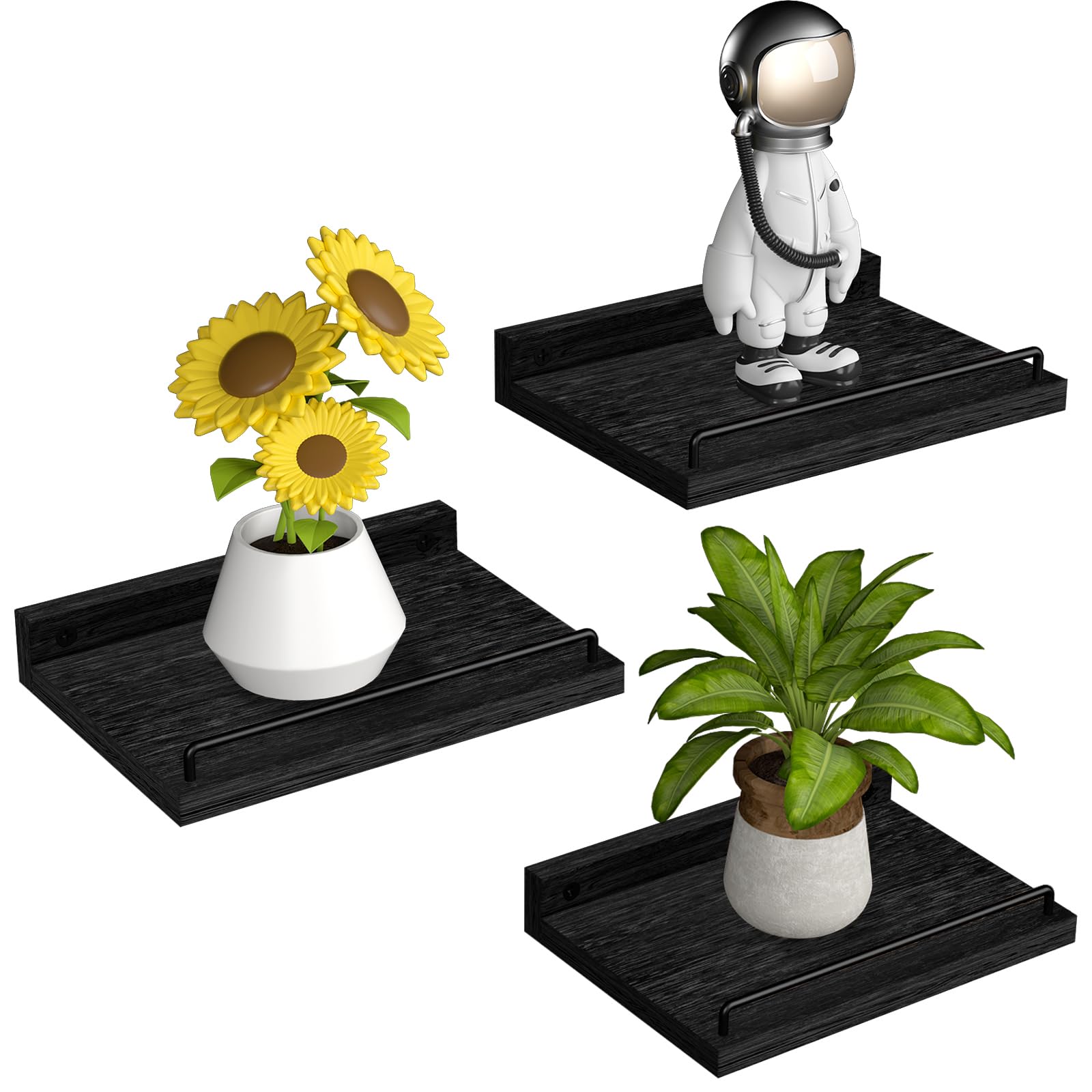 RYOFOBETTO Floating Shelves for Wall Decor Bathroom Shelves Over Toilet, Farmhouse Wall Shelves for Living Room, Bedroom, Picture Frames, Plants, Kitchen (Black, Set of 3)