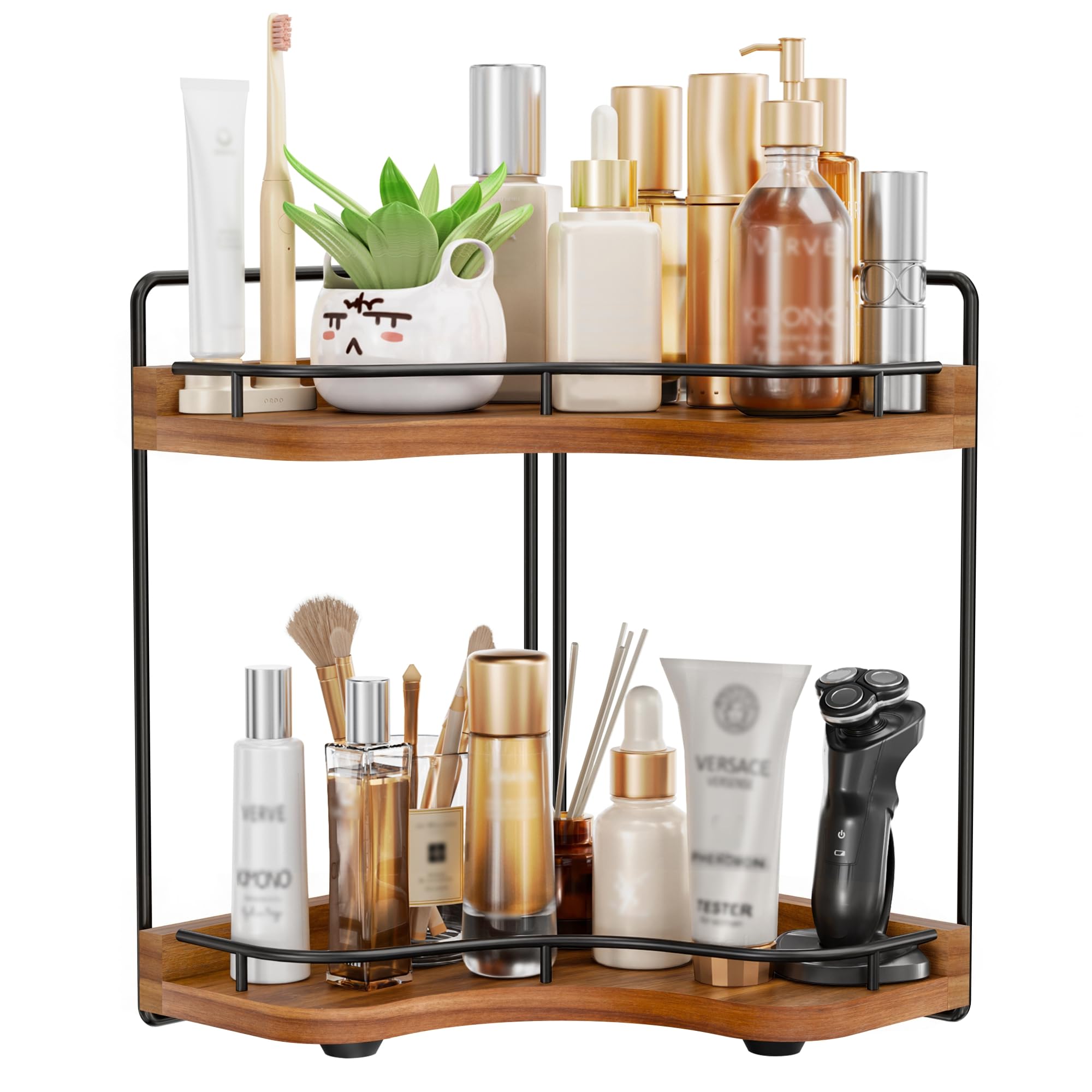 2-Tier Corner Bathroom Counter Organizer, Larger, Dark Brown
