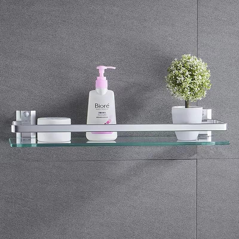 Bathroom Glass Shelf Tempered Glass Rectangular Extra Thick Aluminum Silver Sand Sprayed Wall Mounted 9.84 inches
