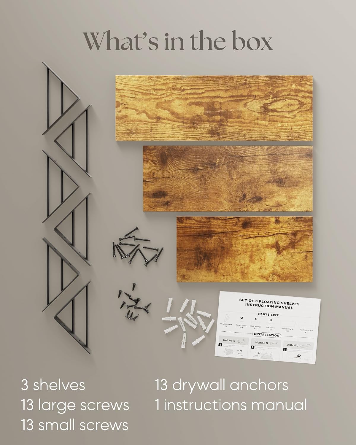 Bayka Wall Shelves for Bedroom Decor, Floating Wall Shelves for Living Room Kitchen Storage, Wall Mounted Rustic Wood Shelves for Kids Books, Small Shelf for Bathroom(Rustic Brown，Set of 3)