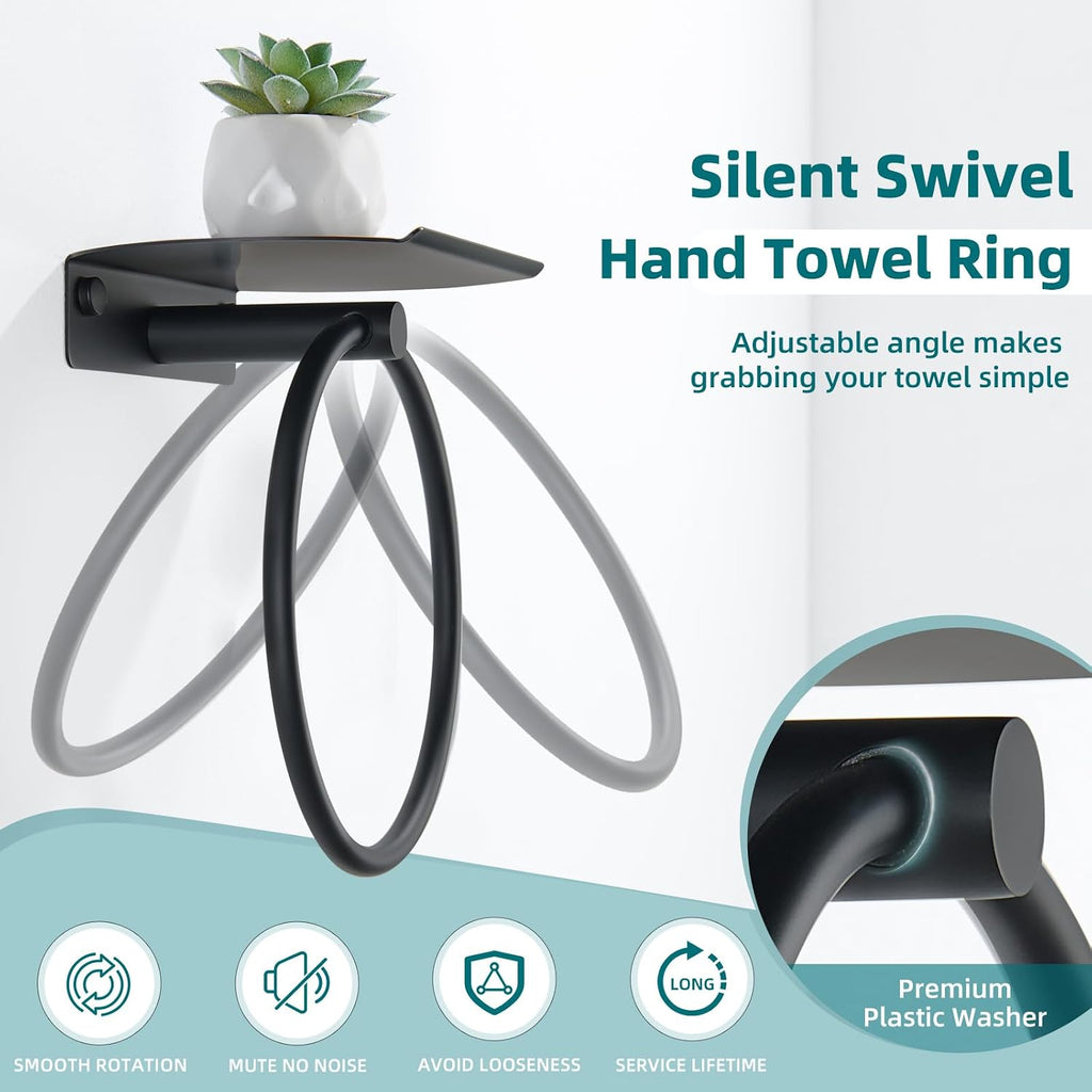 APLusee Hand Towel Ring with Shelf, Matte Black, 304 Stainless Steel