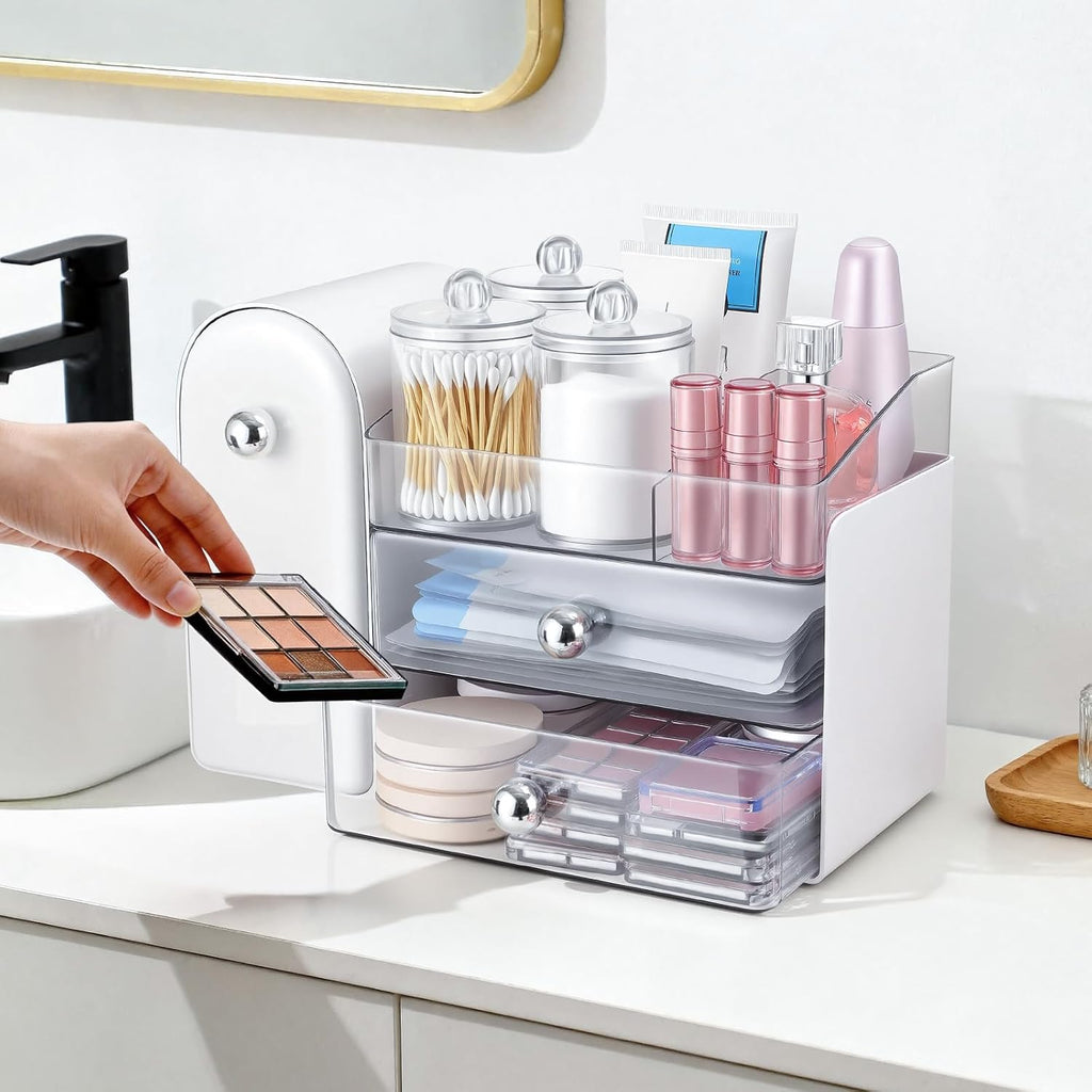 Makeup Organizer Countertop with Makeup Brush Holder,White