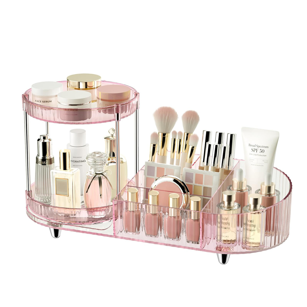 Makeup Organizer Countertop for Vanity, Rotating Perfume Tray with 5-compartment Cosmetic and Skincare Organizers, Multi-Purpose Desk Storage Makeup Brush Holder for Bathroom Bedroom Counter