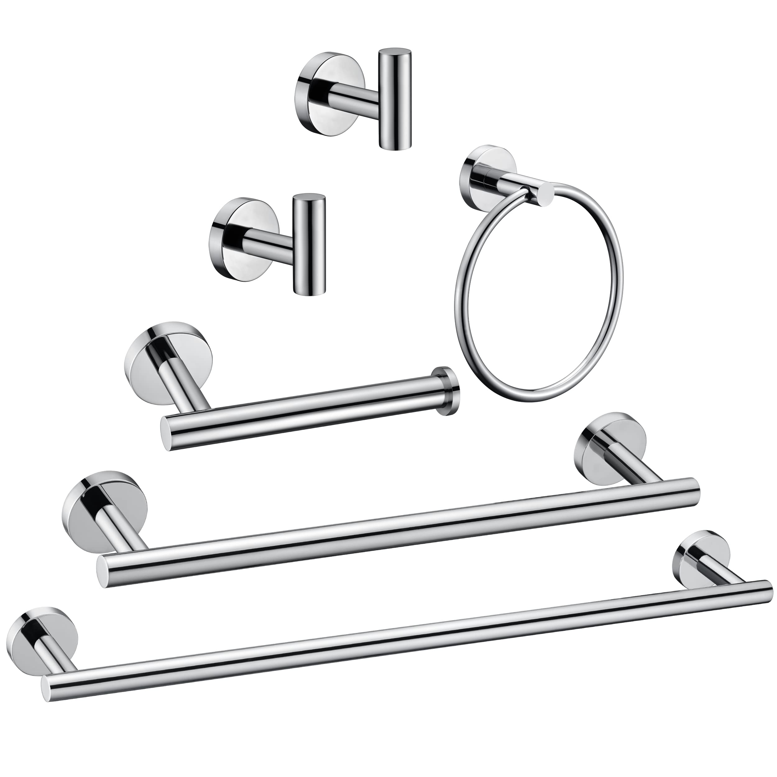 6 Pieces Brushed Nickel Bathroom Hardware Accessories Set Hand Towel Ring 16&23.6 inch Round Towel Bar Silver Toilet Paper Holder Towel Hooks 2 Pieces SUS 304 Stainless Steel,Heavy Duty,Wall Mounted