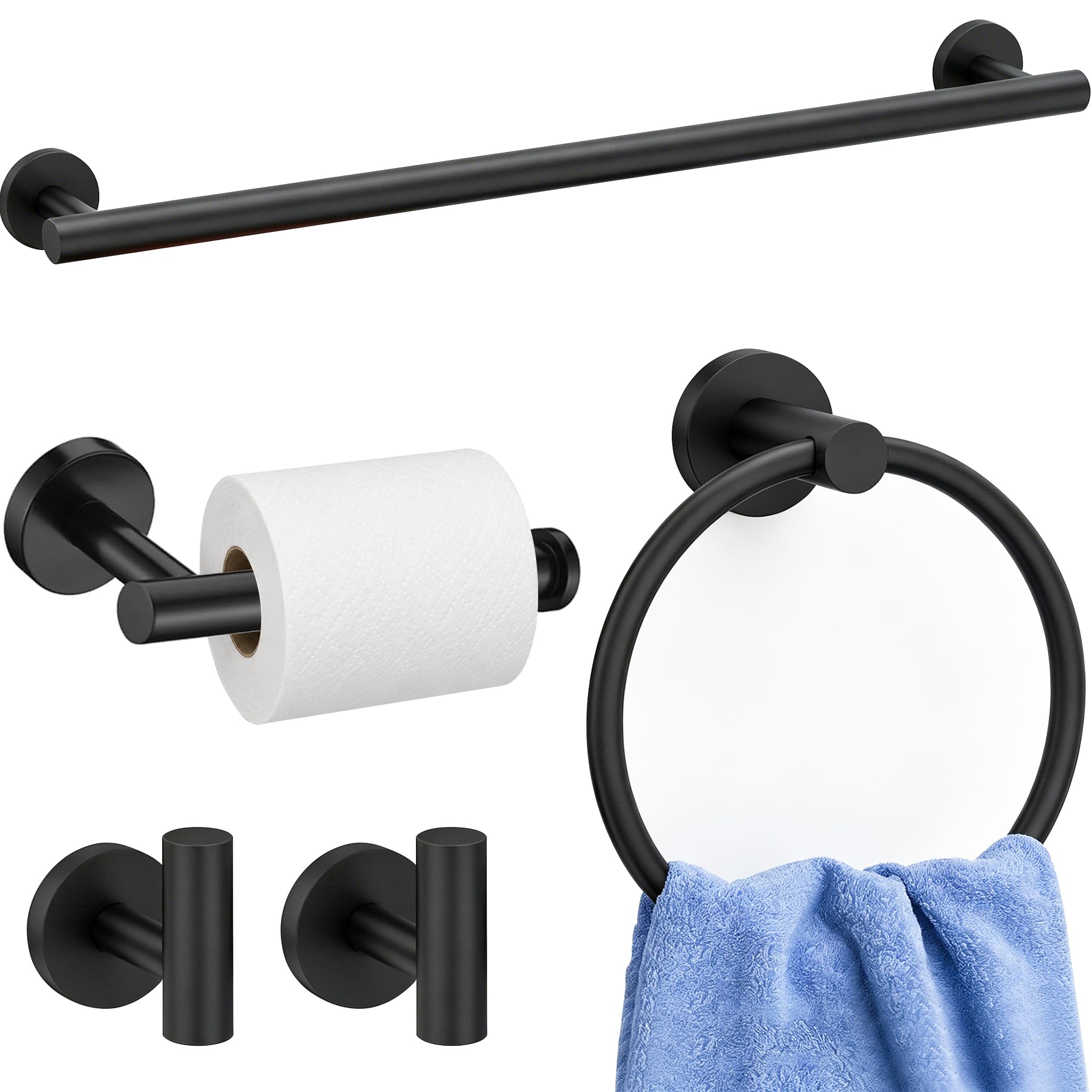 5 Pieces Bathroom Hardware Accessories Set Brushed Gold, 24Inch Bathroom Towel Rack Set SUS304 Stainless Steel, Round Toilet Paper Holder with Shelf Heavy Duty, Wall Mounted