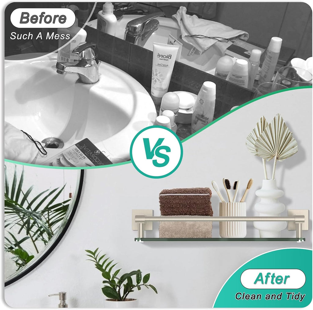 Glass Shelves for Bathroom, 16IN Brushed Nickel Bathroom Shelves for Wall Rectangular Stainless Steel Tempered Glass Modern use for Shelf Sink Over Toilet