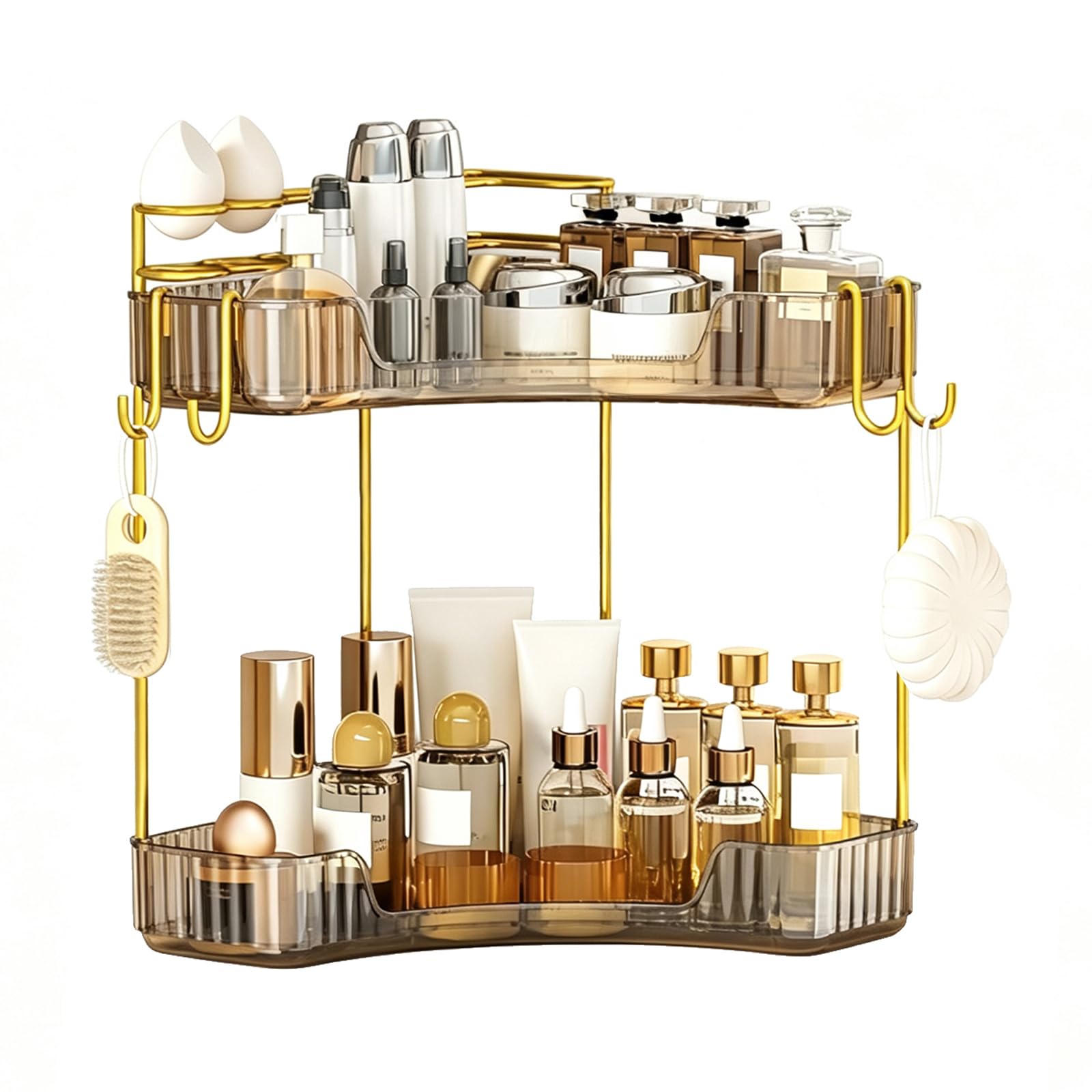 2-Tier Corner Bathroom Counter Organizer，Makeup & Skincare Shelf with Built-in Brush Holder，Space-Saving Bathroom Countertop Organizer for Skincare, Perfume, Cosmetics(Clear)