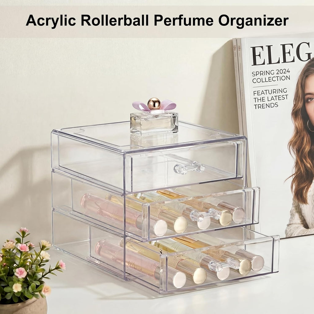 ELLDOO Rollerball Perfume Organizer with 3 Drawer, Clear Acrylic Perfume Storage Holder Beauty Scent Holder, Makeup Lipgloss Lipstick Display Case Office Supplies Box