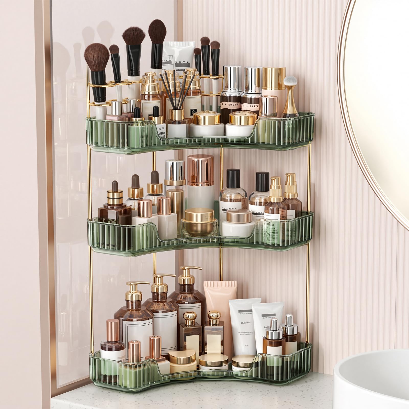 BEFSOP Corner Bathroom Counter Organizer, Upgraded 3-Tier Makeup Organizer Countertop with Makeup Brush Holder, Skincare Exquisite Vanity Organizers Countertop Bathroom Storage Dresser(CLEAR)