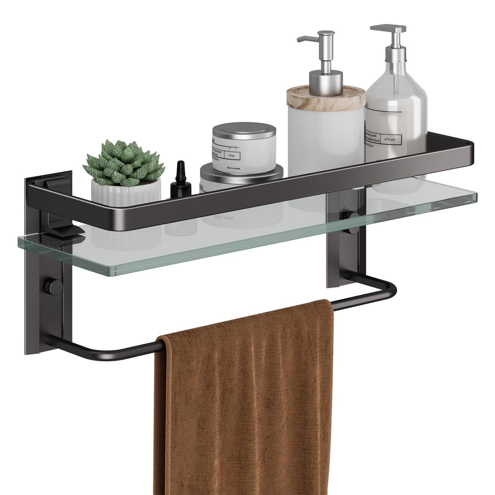 Danpoo Clear Tempered Glass Wall Shelf, Wall-Mounted Organizer for Bathroom, Kitchen(Matte Silver)