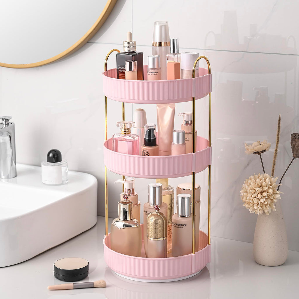 Aveniee 3-Tier 360° Rotating Makeup Organizer, Clear Spinning Perfume Cosmetic Storage for Vanity Countertop, Sturdy Metal Pole Skincare Holder Stand for Bathroom Dresser, White