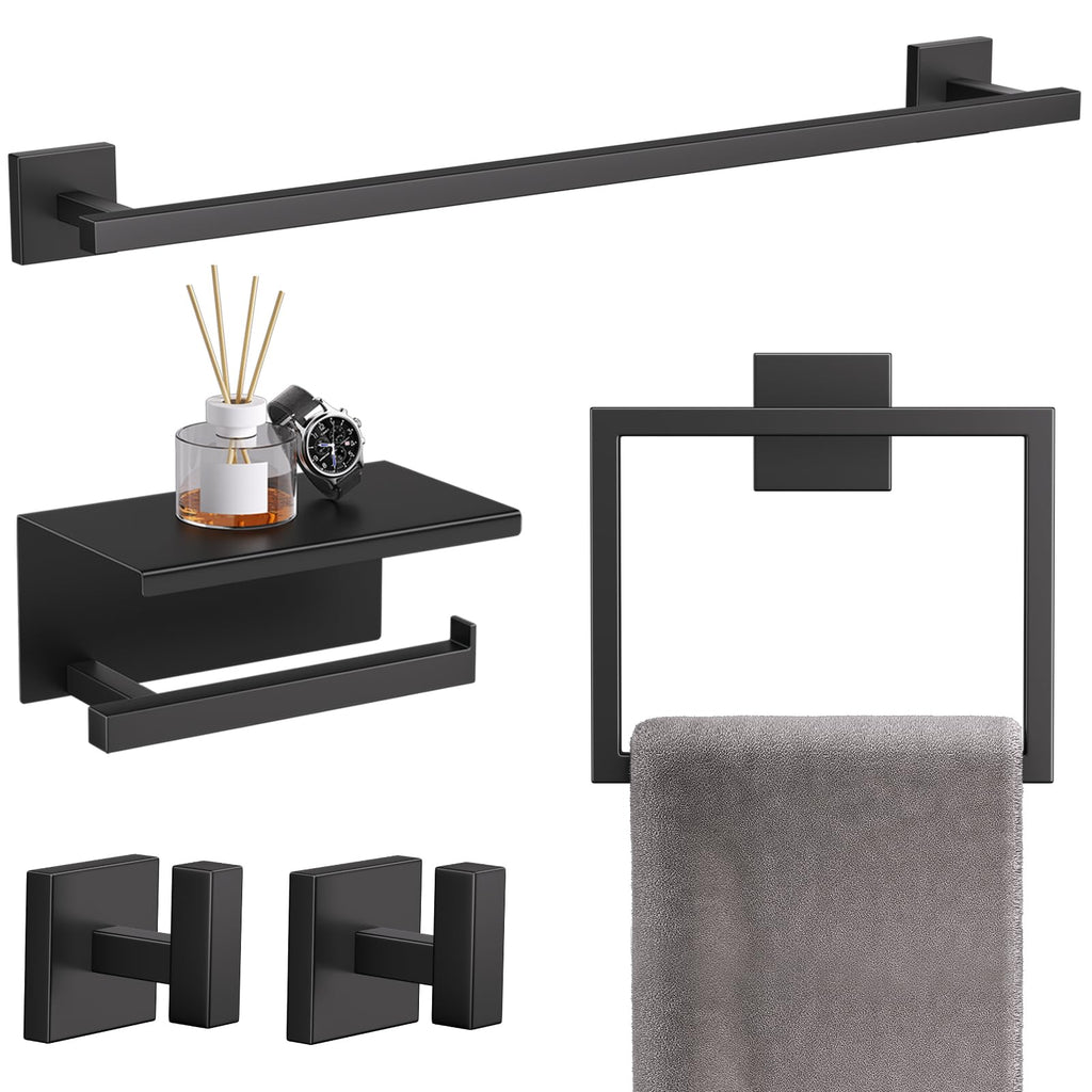 TQKAG 5-Pieces Brushed Gold Bathroom Hardware Accessories Set 23.6" SUS304 Stainless Steel Towel Bar Set Wall Mounted Square Toilet Paper Holder with Shelf