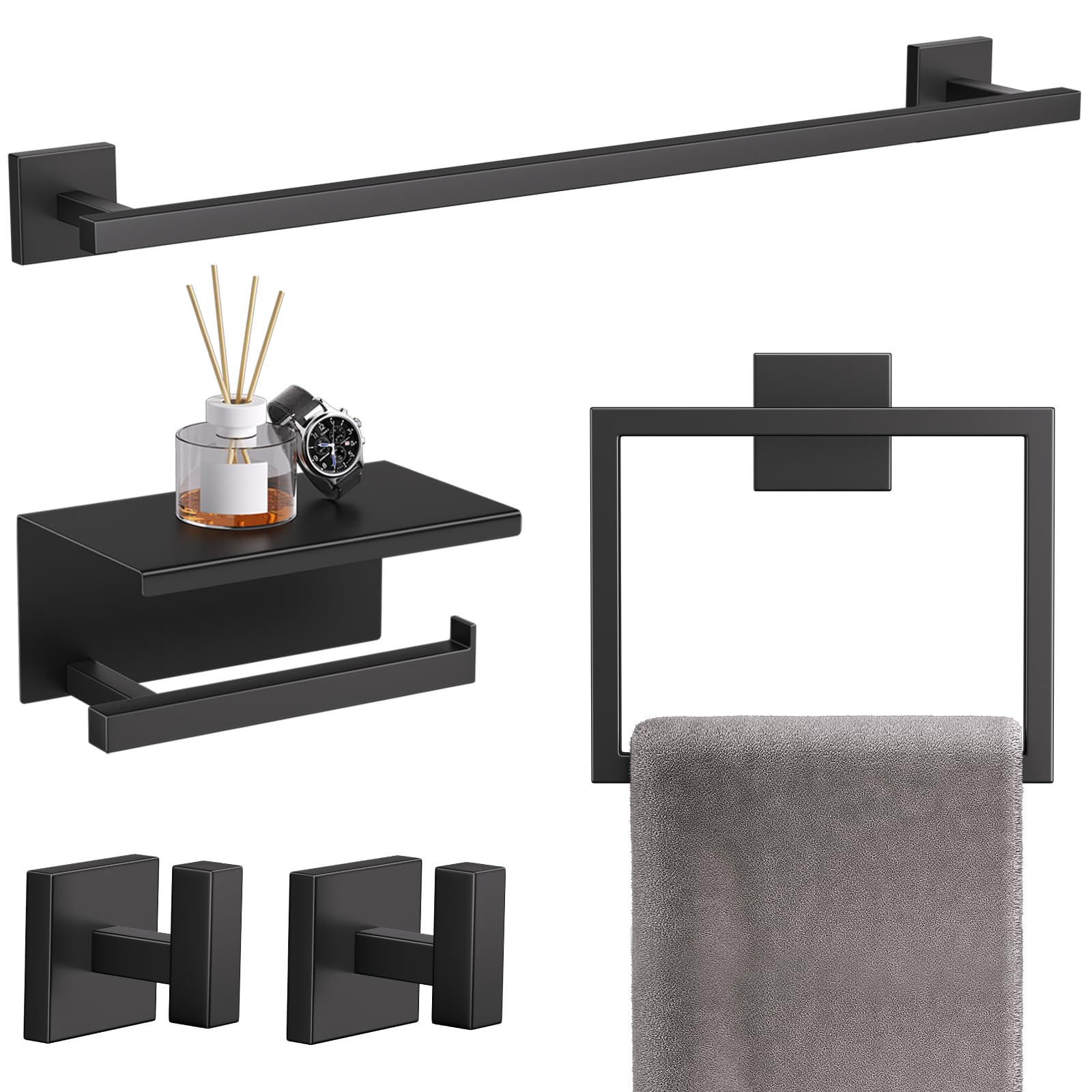 TQKAG 5-Pieces Brushed Gold Bathroom Hardware Accessories Set 23.6" SUS304 Stainless Steel Towel Bar Set Wall Mounted Square Toilet Paper Holder with Shelf