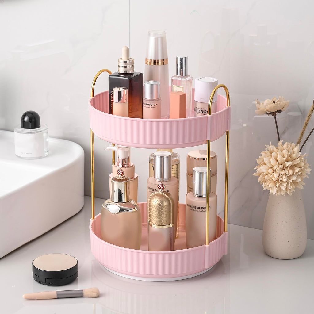 Aveniee 3-Tier 360° Rotating Makeup Organizer, Clear Spinning Perfume Cosmetic Storage for Vanity Countertop, Sturdy Metal Pole Skincare Holder Stand for Bathroom Dresser, White