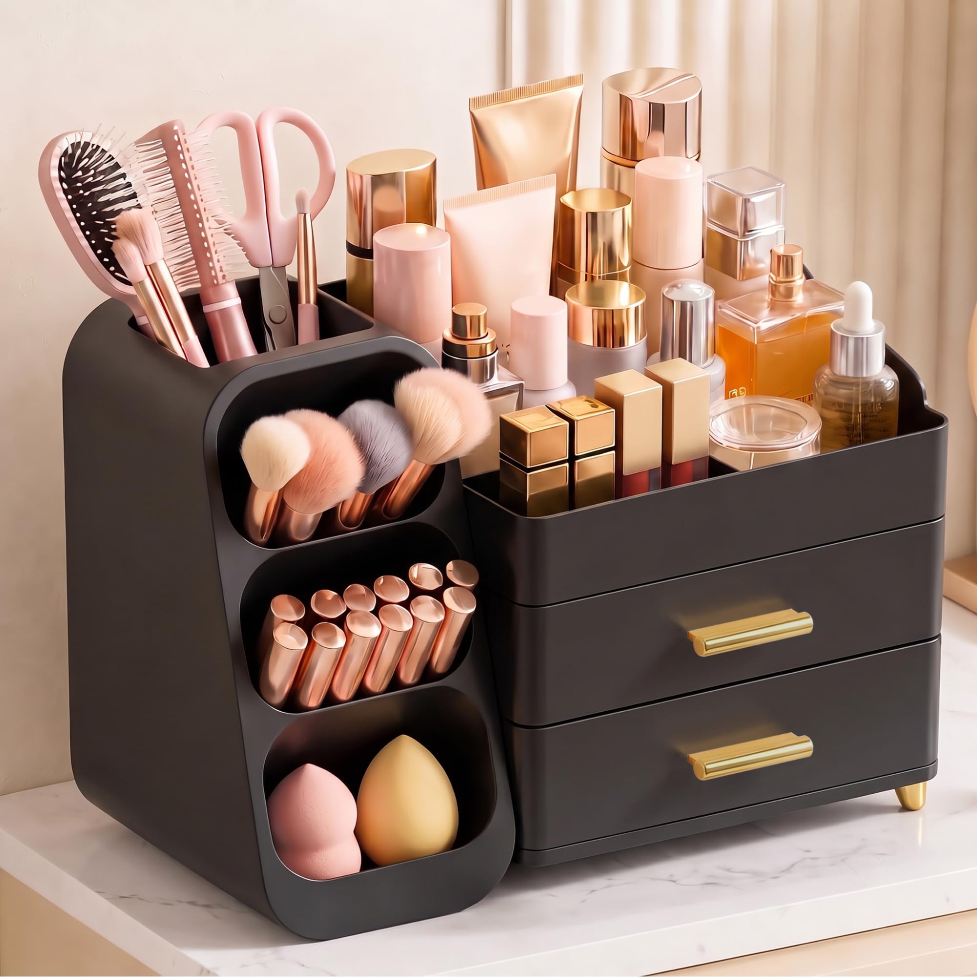 Large Capacity Makeup Organizer Countertop with Makeup Brush Holder for Vanity, Thickened Material, Bathroom Countertop Organizer Skin Care Perfumes Storage, Teen Girl Gifts for 12-23 Year（white）