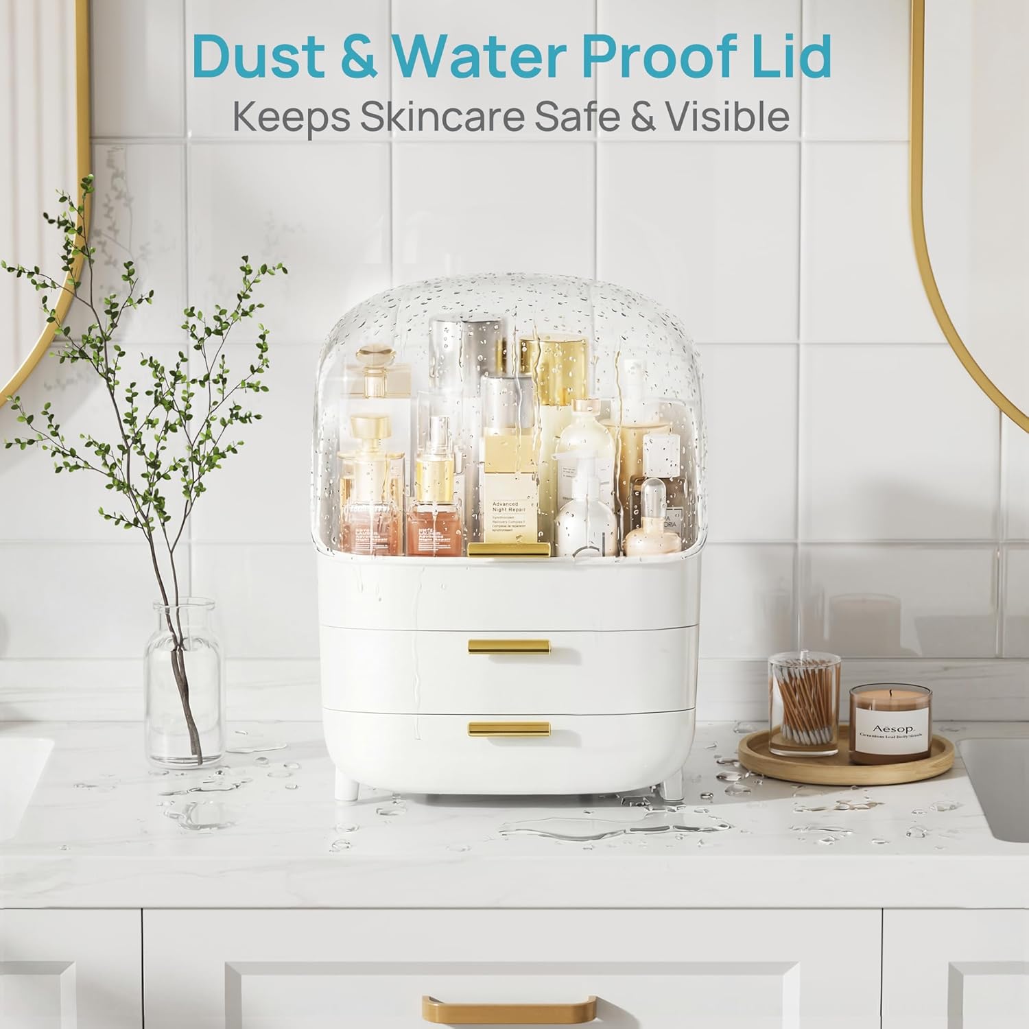 Vtopmart 3-Tier Skincare Makeup Organizer with Drawer and LId, White