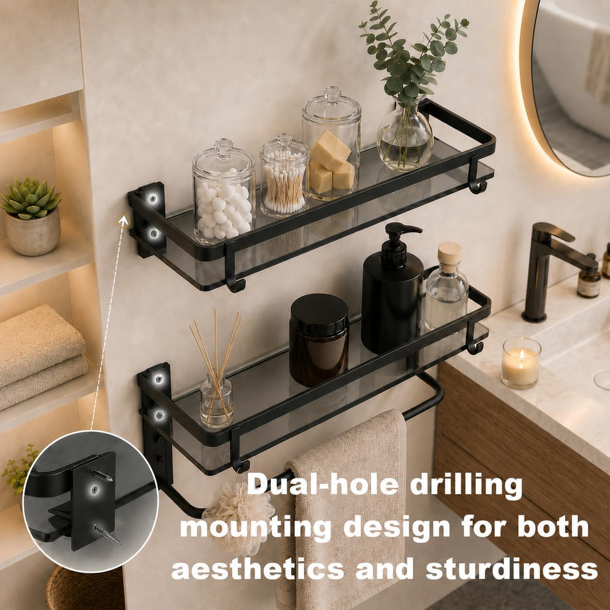 VOLPONE Glass Shelf for Bathroom 15.7 in Black Bathroom Shelves Wall Mounted Tempered Glass Shelving with 4 Removable Hooks (2 Tier)