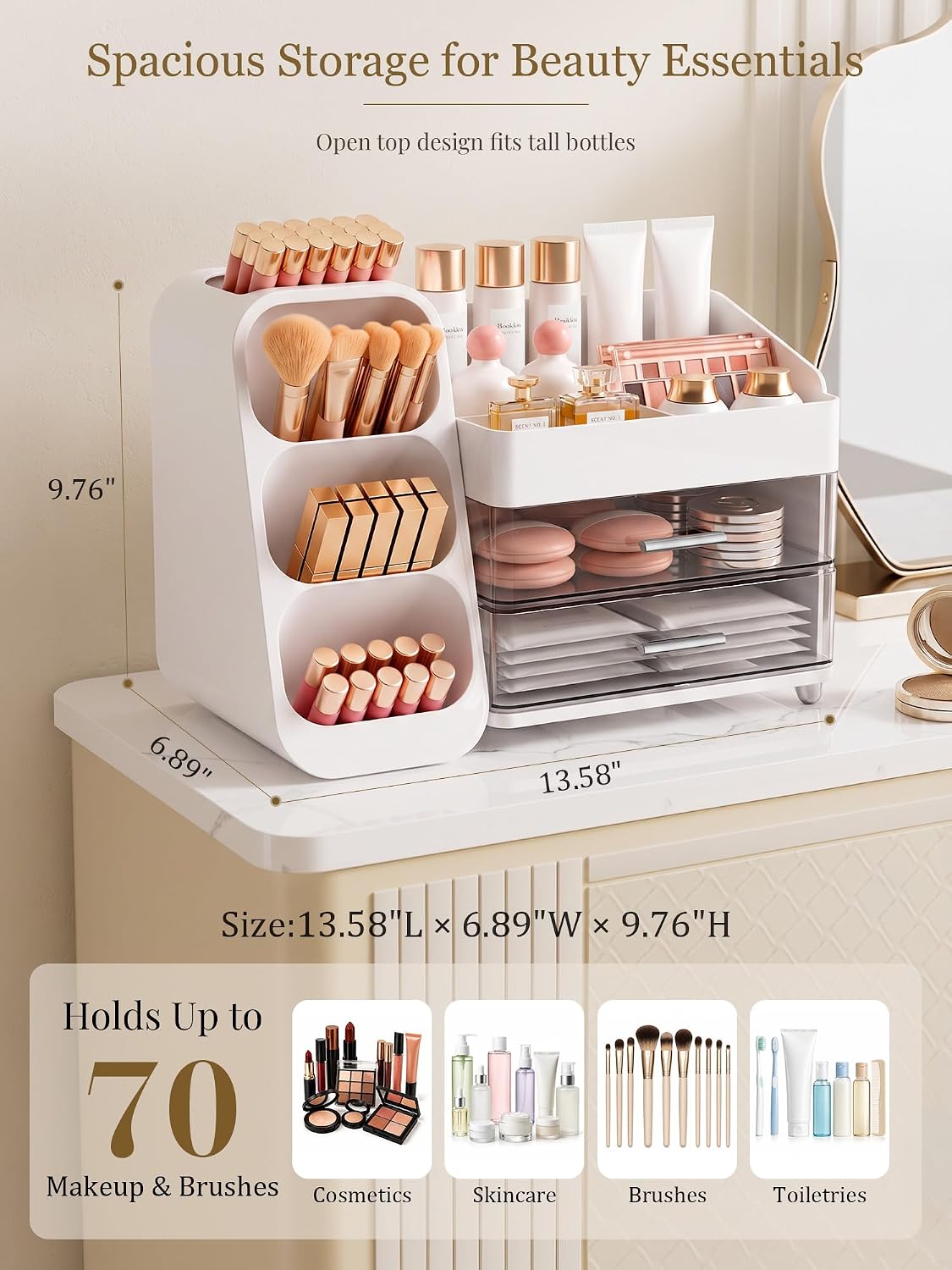 Booklov Large Makeup Organizer for Vanity Countertop, White
