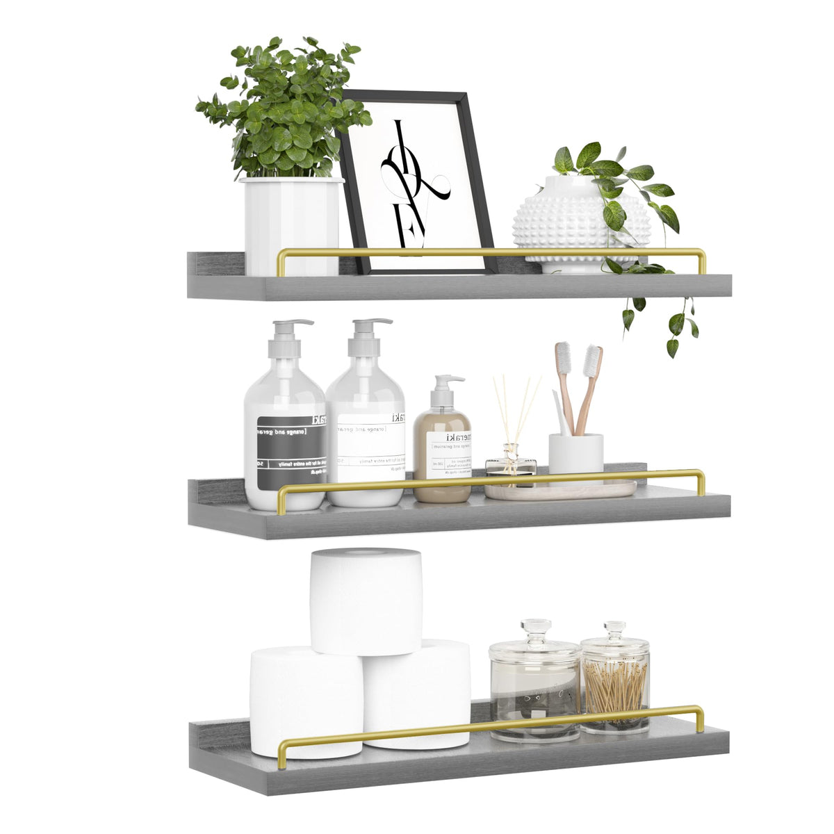 RYOFOBETTO Floating Shelves for Wall Decor Bathroom Shelves Over Toilet, Farmhouse Wall Shelves for Living Room, Bedroom, Picture Frames, Plants, Kitchen (Black, Set of 3)